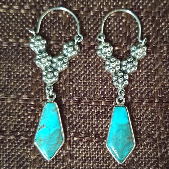 2'' Vintage Southwestern Genuine Turquoise 925 Sterling Silver Dangle Earrings - Picture 1 of 11